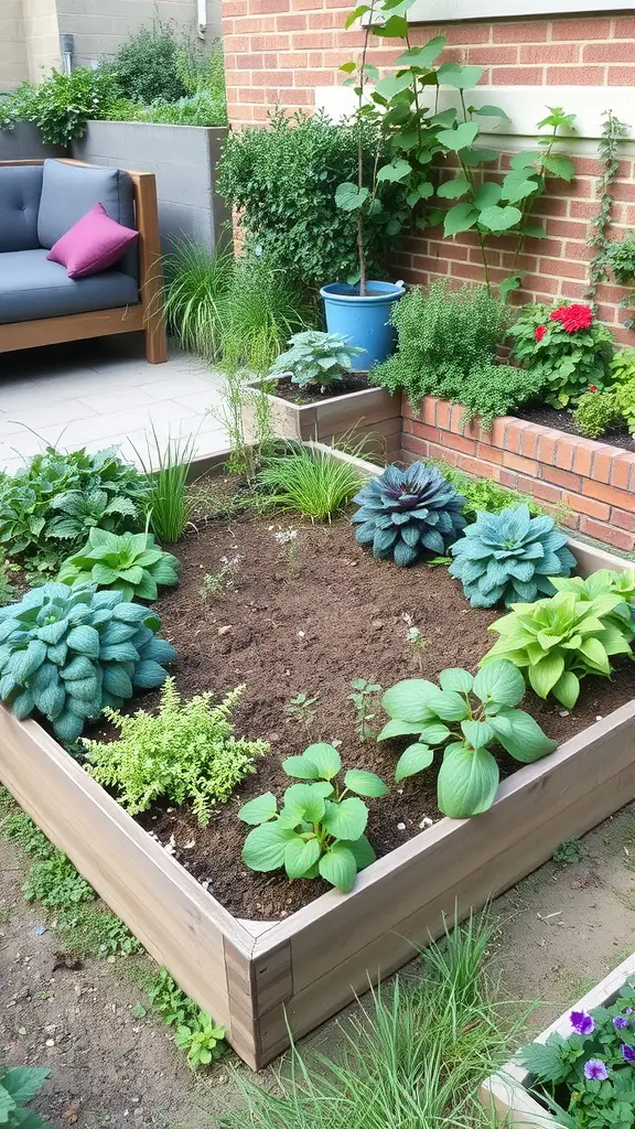 A U-shaped raised garden bed filled with various plants, surrounded by greenery and a cozy seating area.