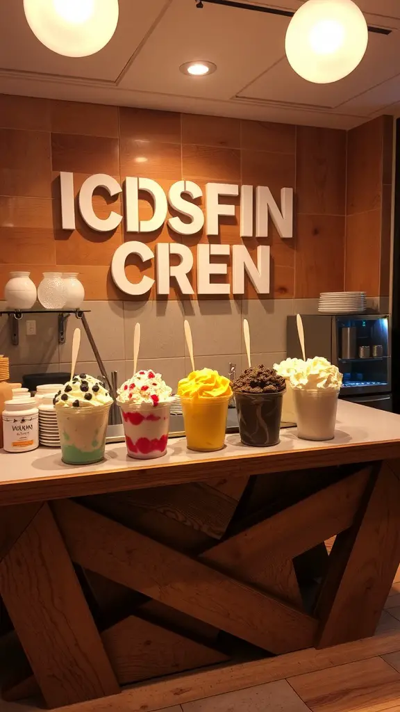 An ice cream bar setup featuring various flavors and toppings for a summer garden party.