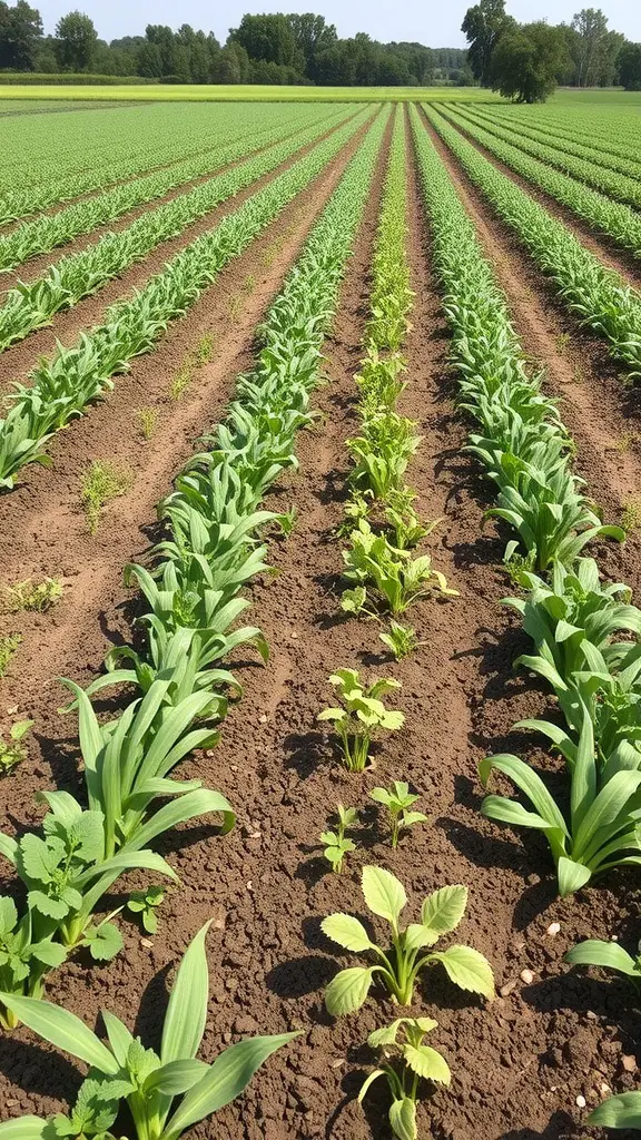 A well-maintained veggie garden with rows of healthy plants, showcasing the use of cover crops for soil fertility.