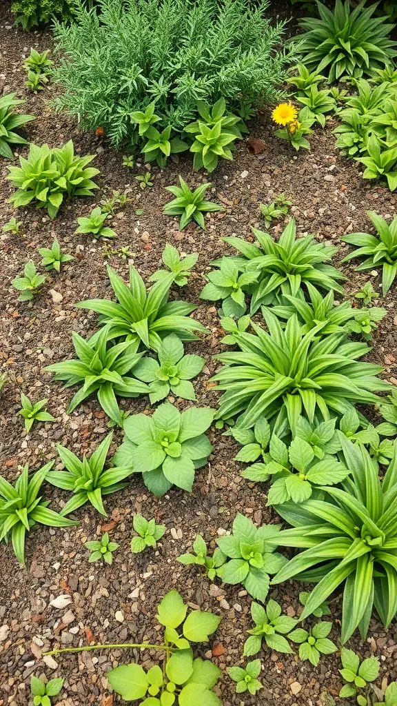 A variety of green ground cover plants in a small garden layout.