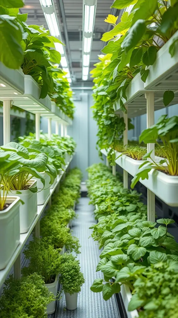 Indoor hydroponic garden with rows of green plants under bright lights.