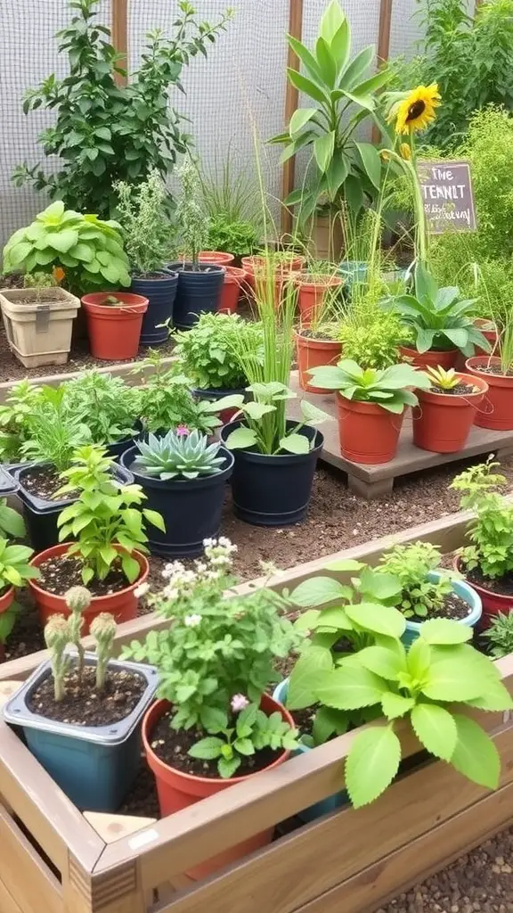 A variety of plants in colorful pots arranged in a raised garden bed.