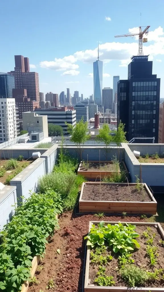 A rooftop garden with raised beds filled with various plants, overlooking a city skyline.