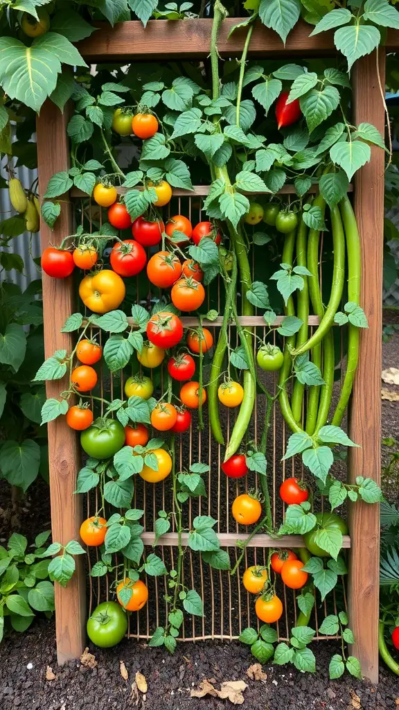 A trellis with colorful tomatoes and green beans growing on it.