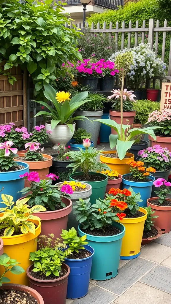 A vibrant display of colorful flower pots in a backyard setting.