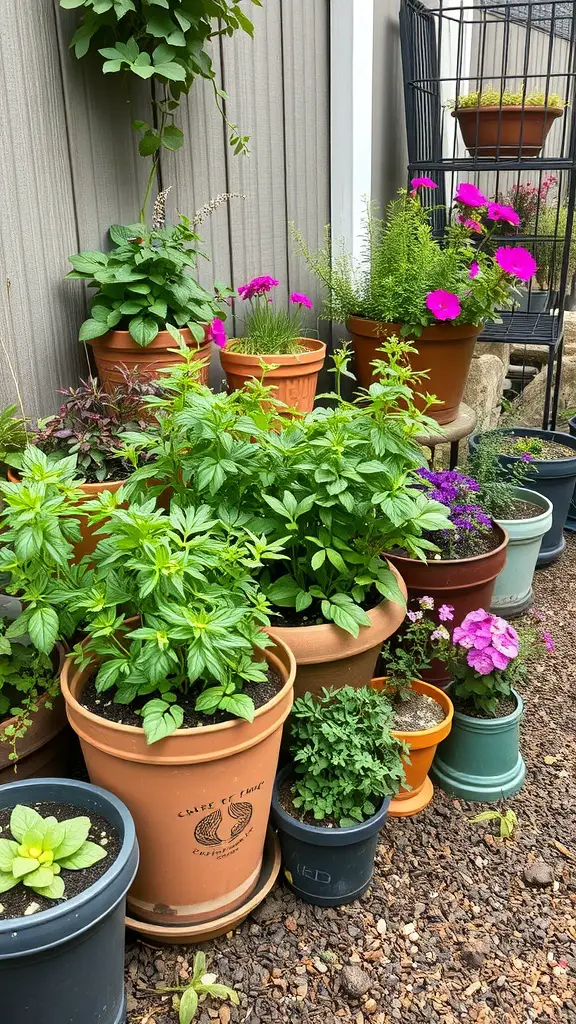 A collection of potted plants in various sizes and colors, showcasing a small garden layout.