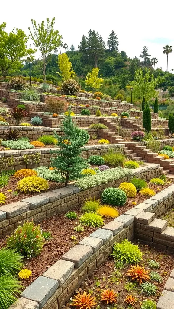 A terraced garden with various plants and flowers arranged on different levels, showcasing elevation changes.