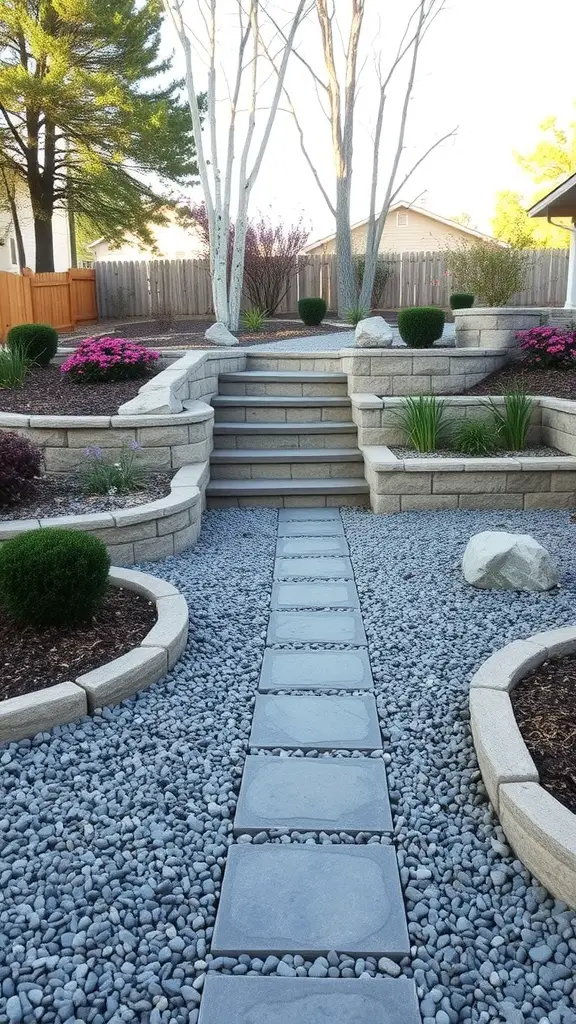 Backyard landscaping with stone steps, retaining walls, and a gravel path surrounded by plants and flowers.
