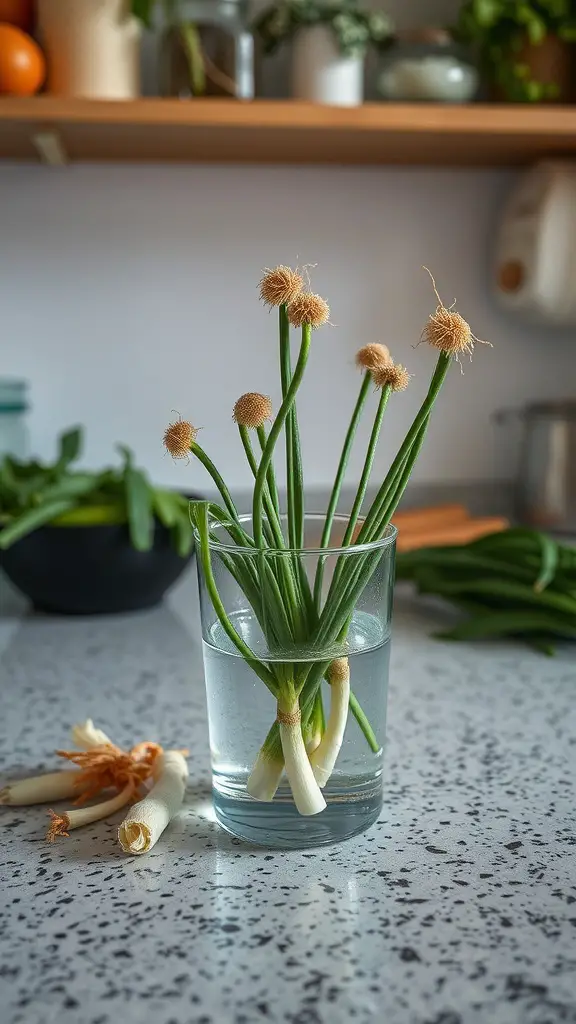 Green onions sprouting in a glass of water on a kitchen counter.