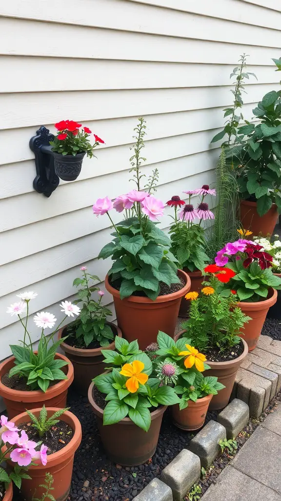 Colorful potted flowers arranged against a wall in a small garden.