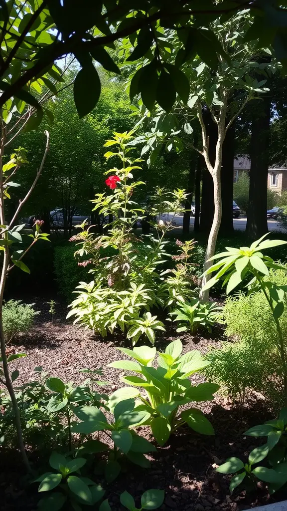 A small garden featuring shade-tolerant plants, including green leaves and a flowering plant, under a tree canopy.
