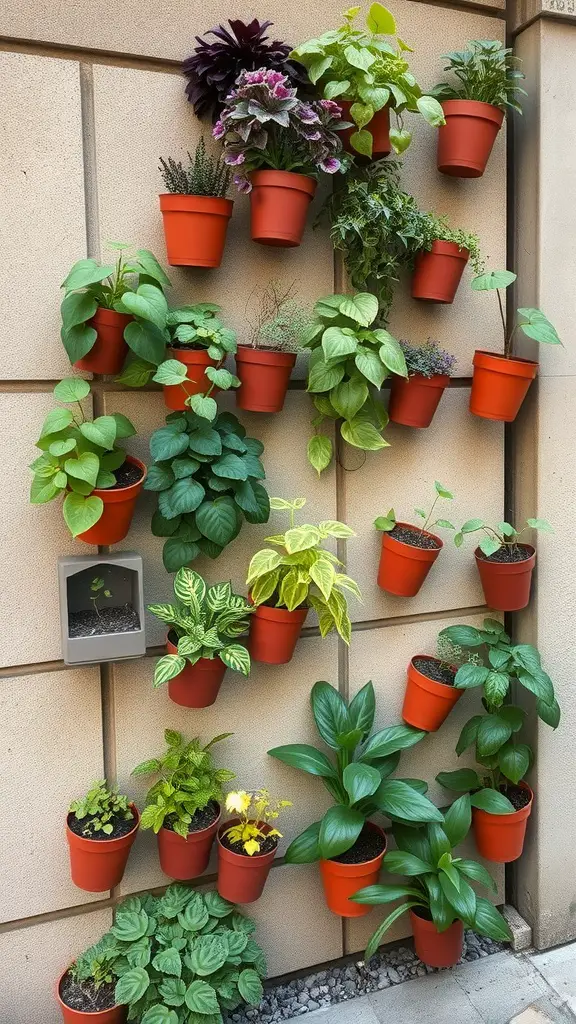 A vertical garden with various potted plants arranged on a wall.