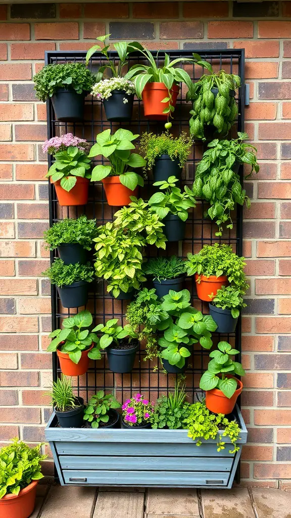 A vertical garden structure with various plants in pots arranged on a grid against a brick wall.