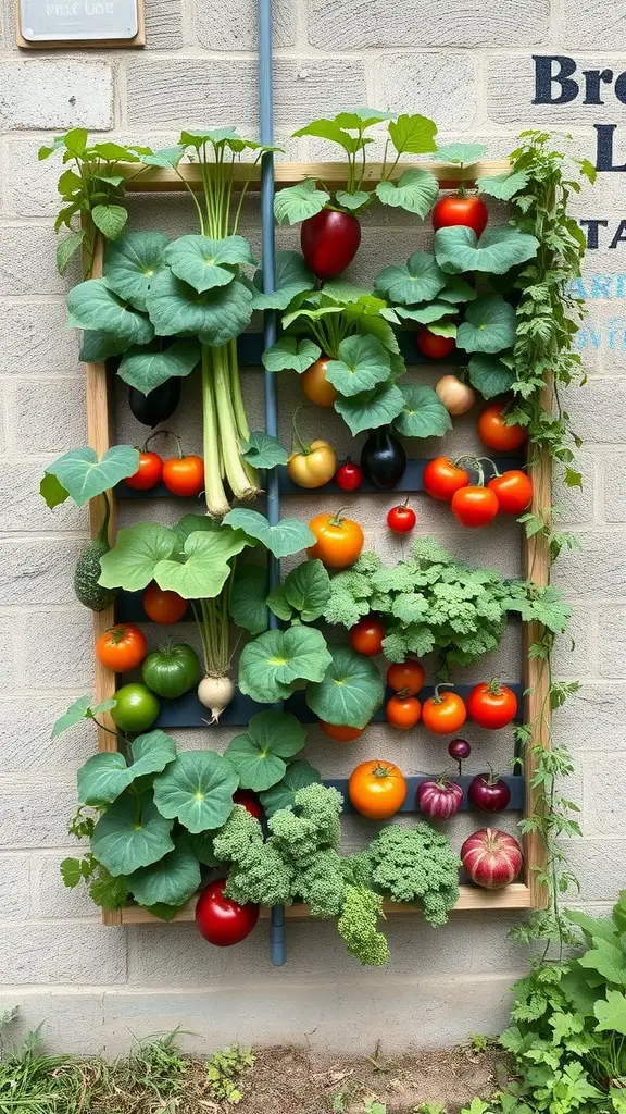 A vertical garden filled with various vegetables including tomatoes, peppers, and leafy greens.