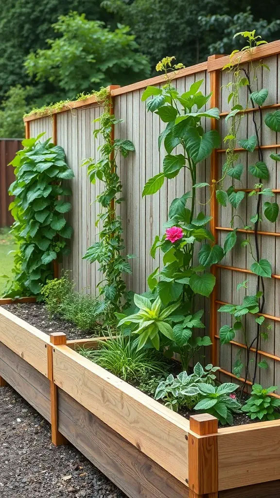 Vertical gardening setup with plants climbing trellises in raised garden beds.