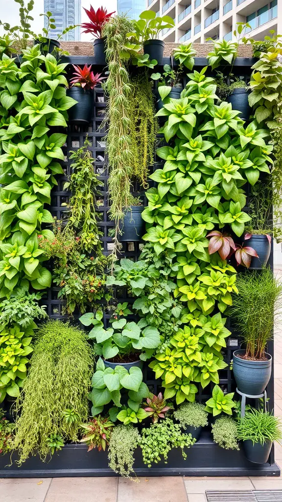 A vibrant vertical garden featuring various plants arranged on a black grid structure.