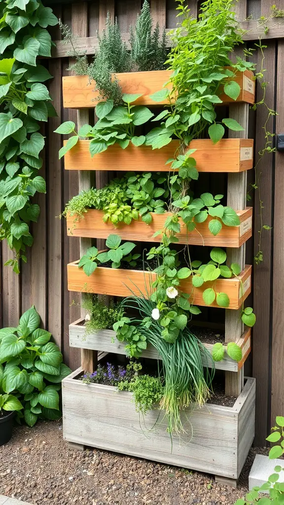A vertical raised garden bed with multiple tiers filled with various plants, showcasing a vibrant green display.