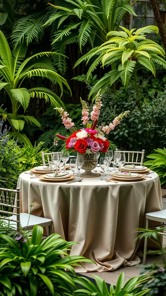 A beautifully set table with a vibrant floral centerpiece surrounded by lush greenery.