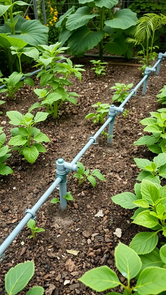 Irrigation system in a veggie garden with pipes watering plants