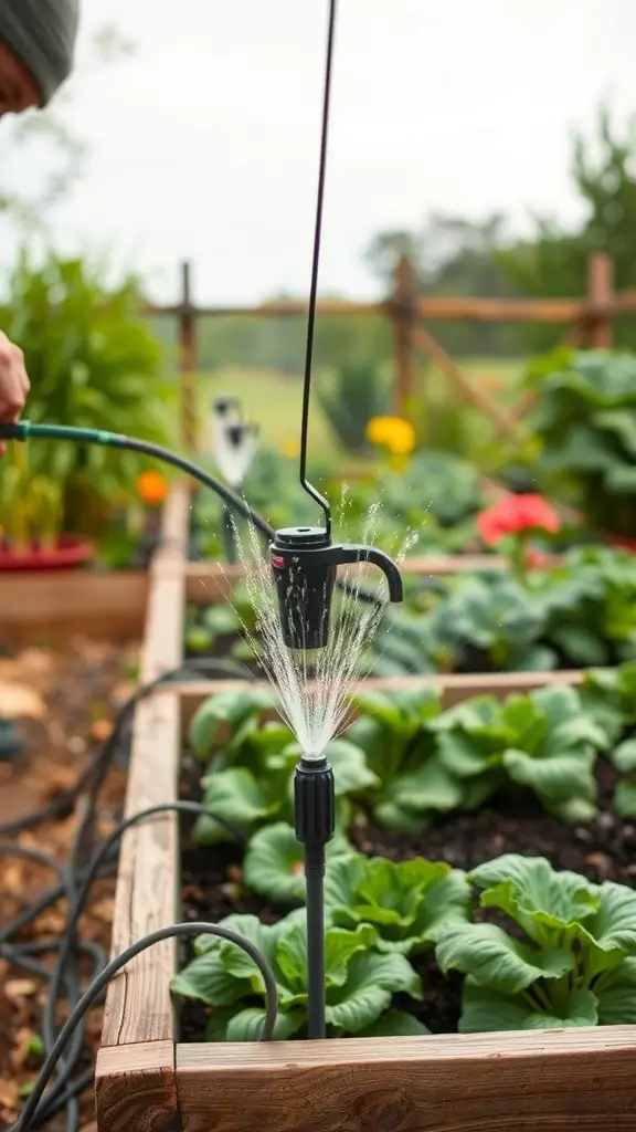 A gardener watering raised garden beds with a hose attachment, showcasing healthy green plants.
