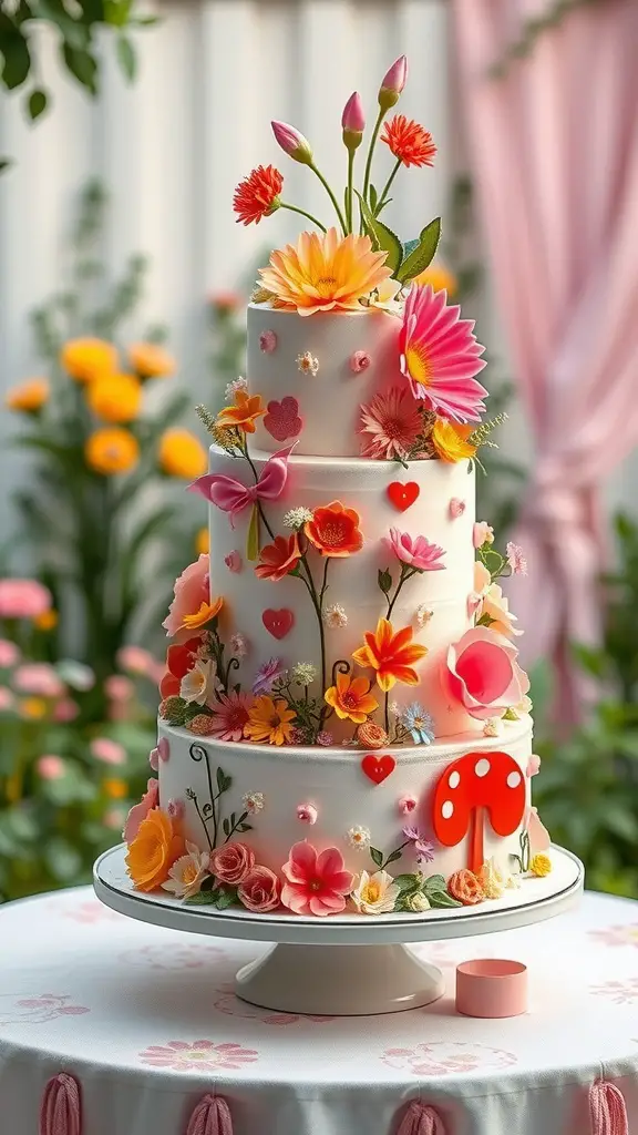 A whimsical three-tier cake decorated with colorful flowers, hearts, and a mushroom design, set on a table in a garden.