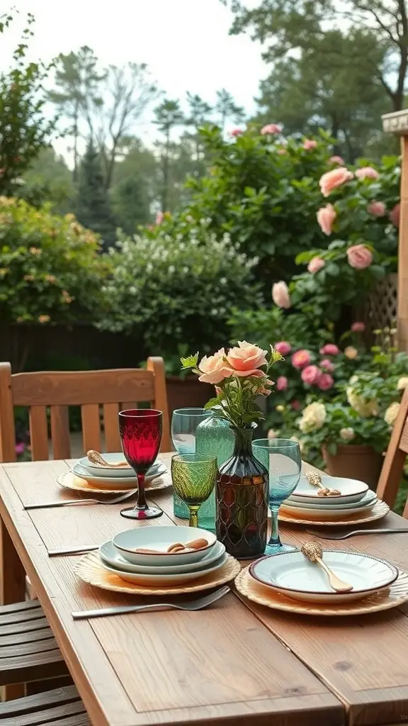 A beautifully set table in a garden with colorful glassware, vintage plates, and fresh flowers.