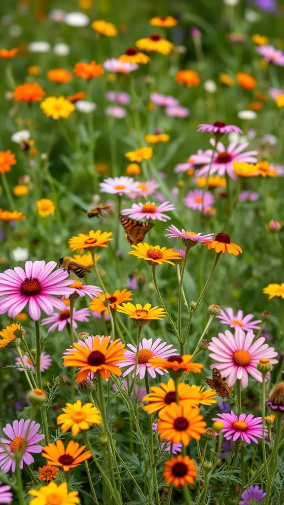 A vibrant wildflower garden filled with pink, orange, and yellow flowers, attracting bees and butterflies.