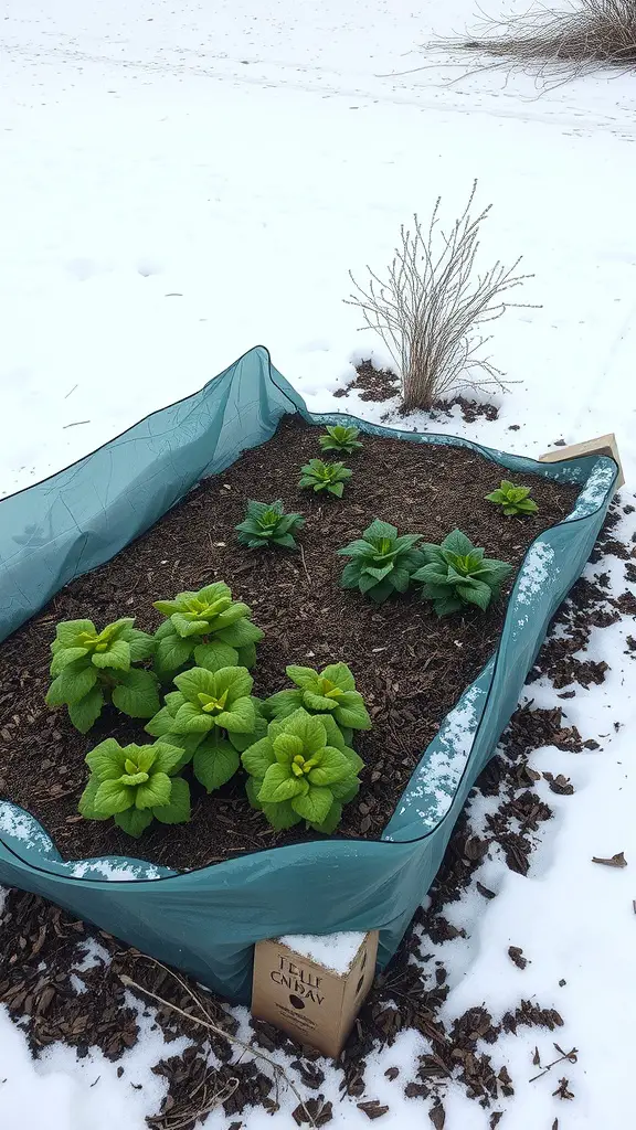 A raised garden bed covered with a protective layer, surrounded by snow, showing healthy green plants.