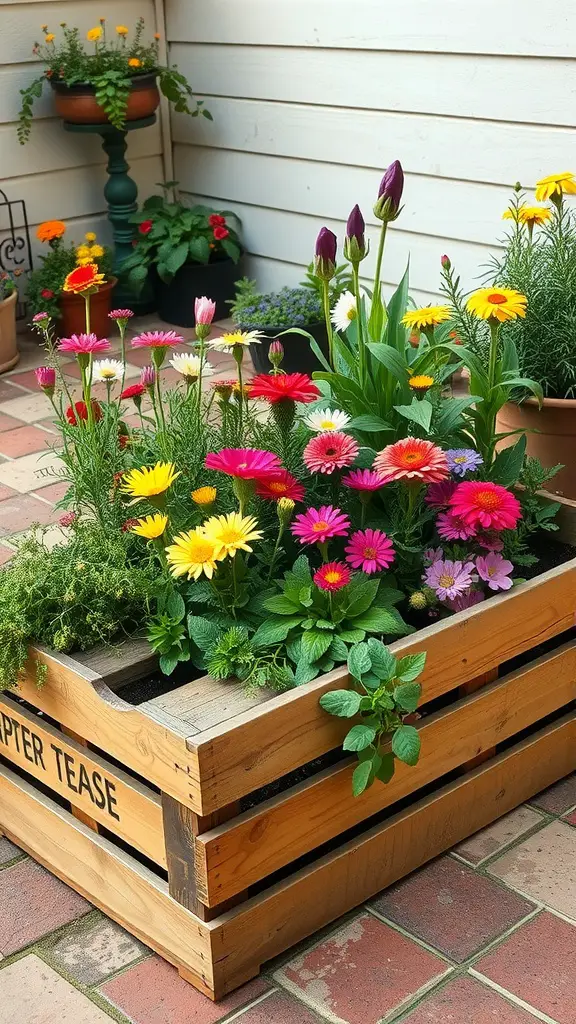 A colorful wooden crate planter filled with various flowers, showcasing a vibrant garden design.