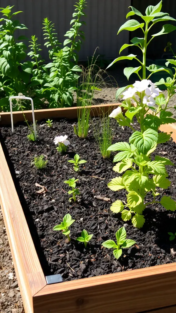 A wooden frame garden bed filled with various plants and flowers, showcasing a neat and organized gardening space.