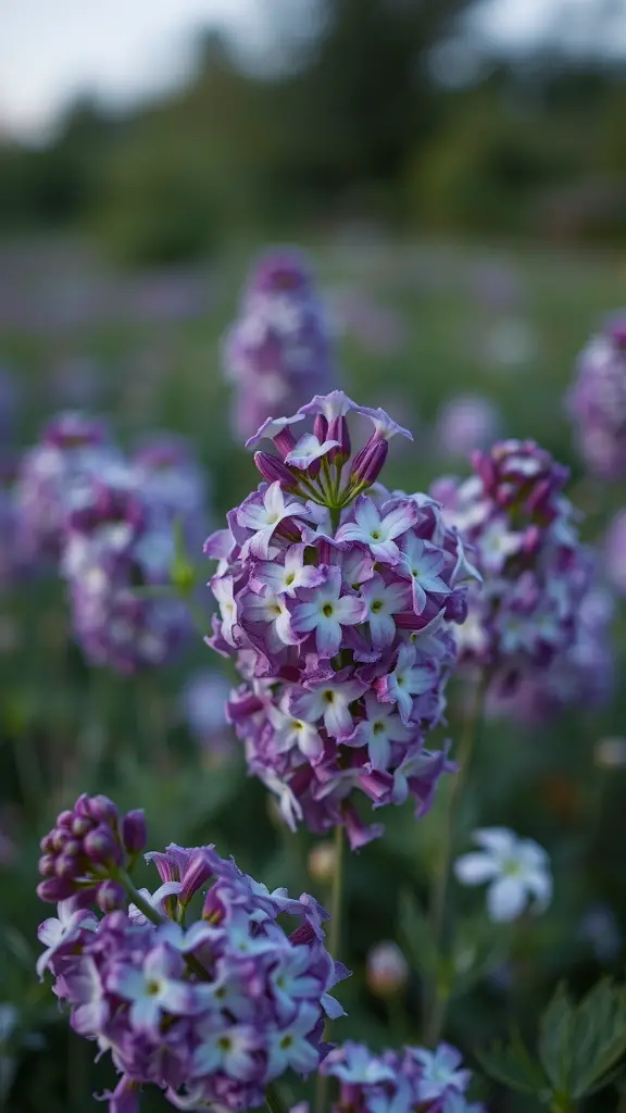 A close-up of Night Phlox flowers with purple and white petals in a garden.