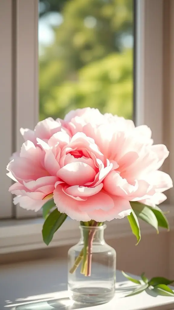 A bouquet of pink peonies in a glass vase by a window.