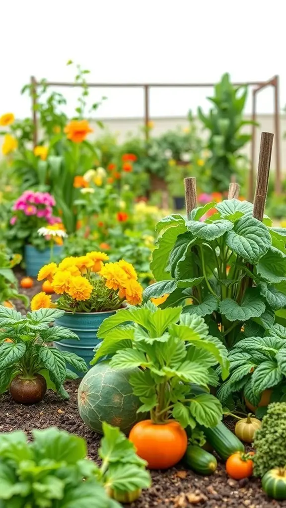 A colorful vegetable garden featuring tomatoes, zucchinis, melons, and marigolds.
