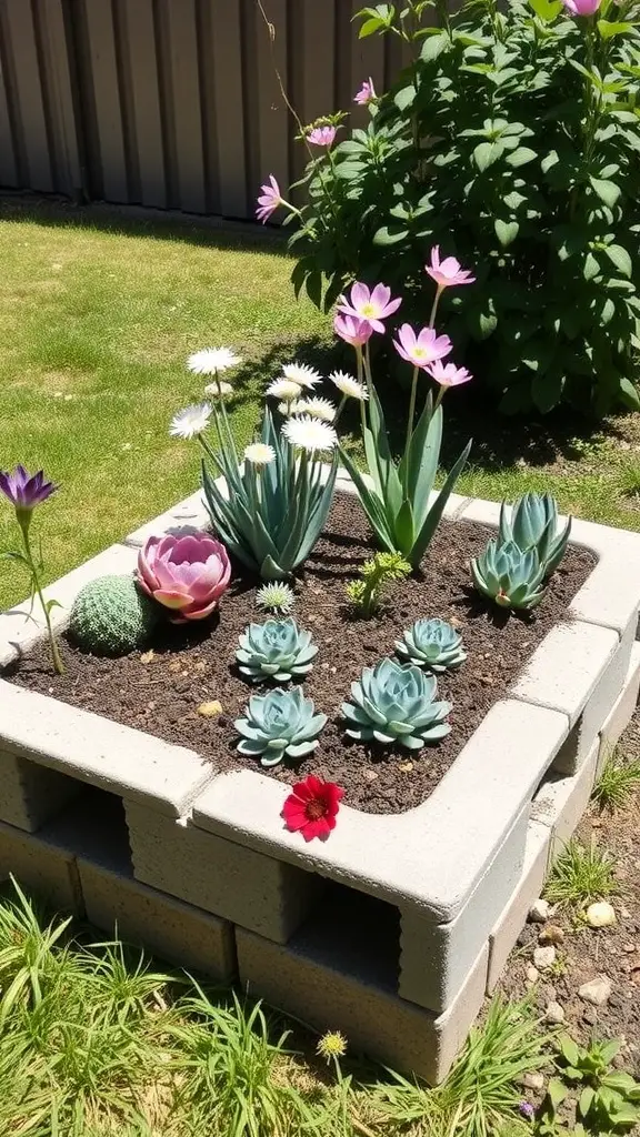 A colorful cinder block garden bed filled with succulents and flowers.