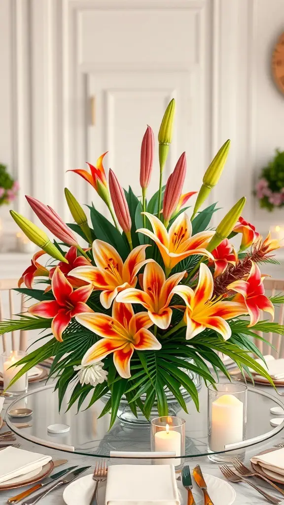 A vibrant tropical lily centerpiece featuring orange, red, and yellow lilies in a glass vase, surrounded by green leaves and candles on a dining table.