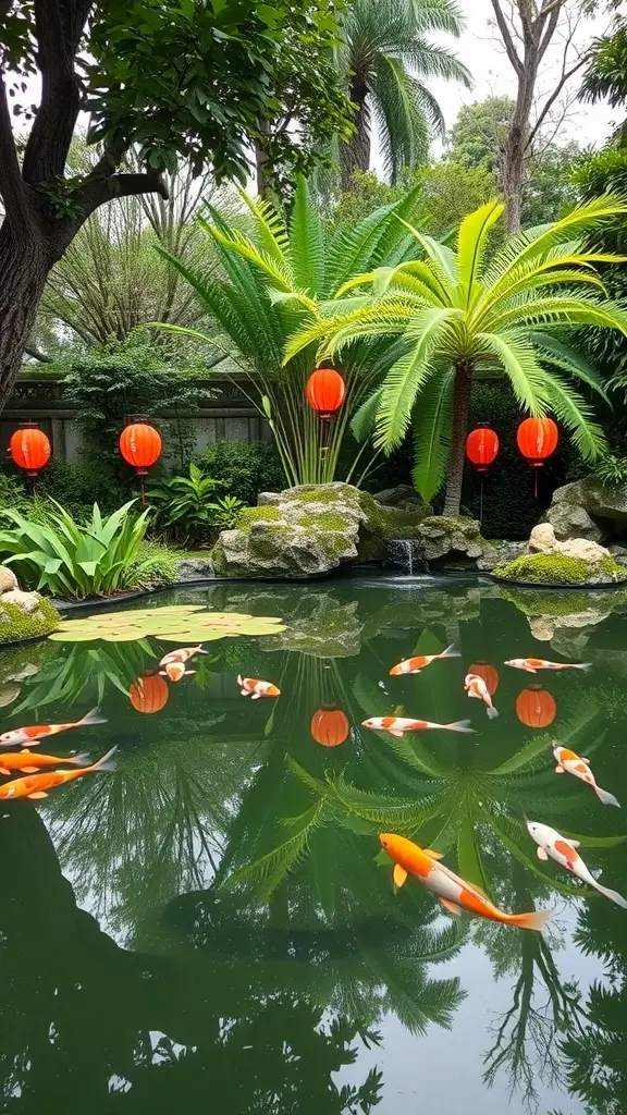 A serene koi pond surrounded by lush greenery and red lanterns.