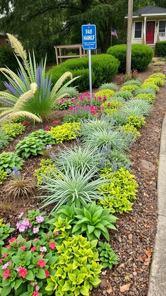 A colorful rain garden with various plants and flowers, designed for erosion control.