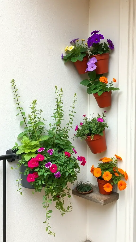 Vertical garden with colorful flowers in wall-mounted pots on a balcony