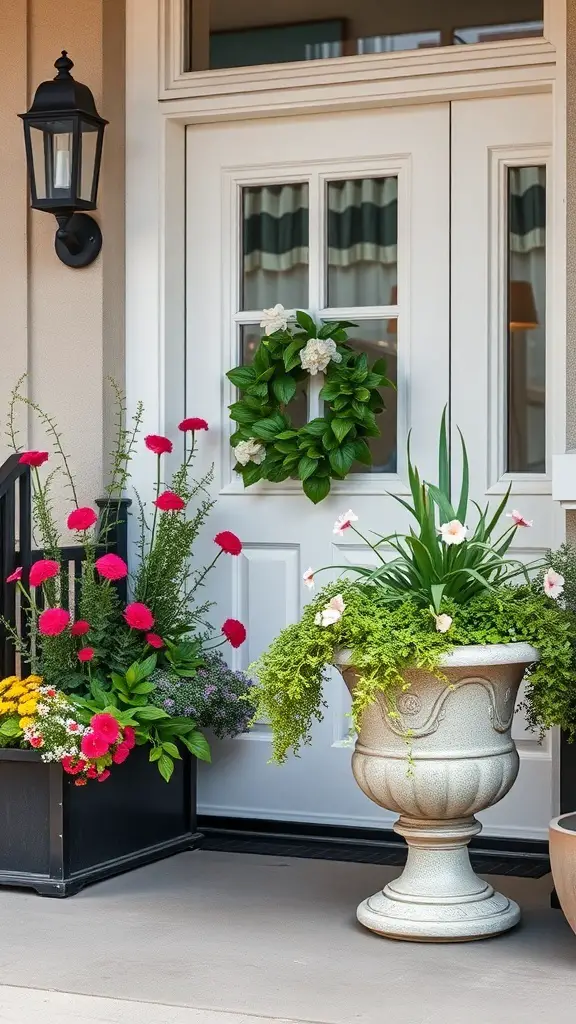 Charming entryway with decorative planters filled with colorful flowers and a wreath on the door.