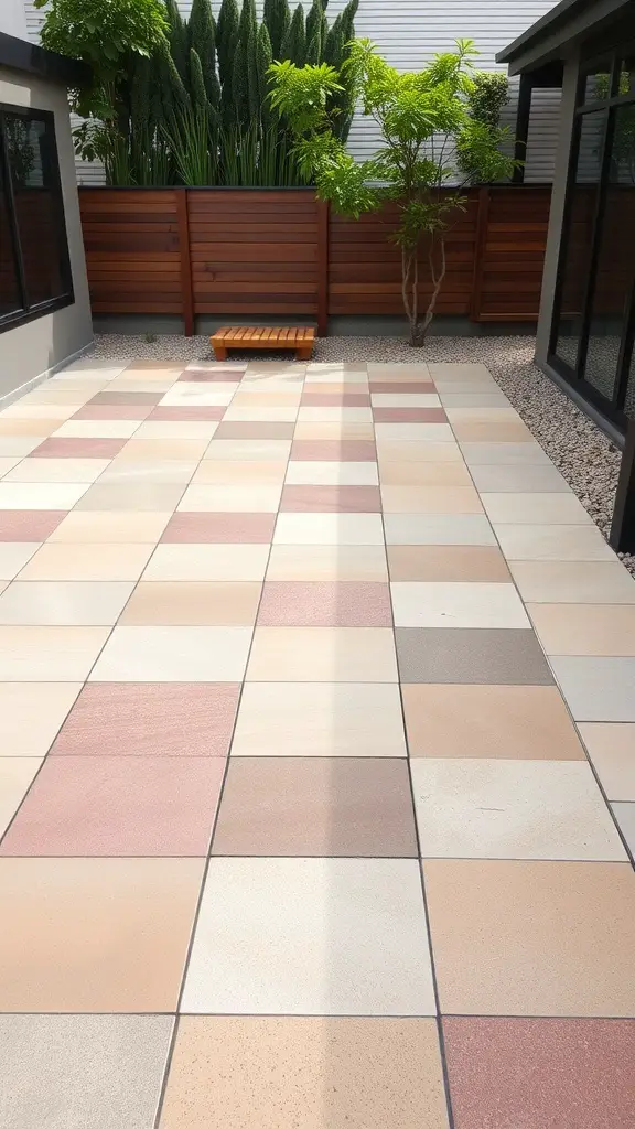 A courtyard with diverse flooring options featuring tiles in soft earthy tones and a wooden bench.
