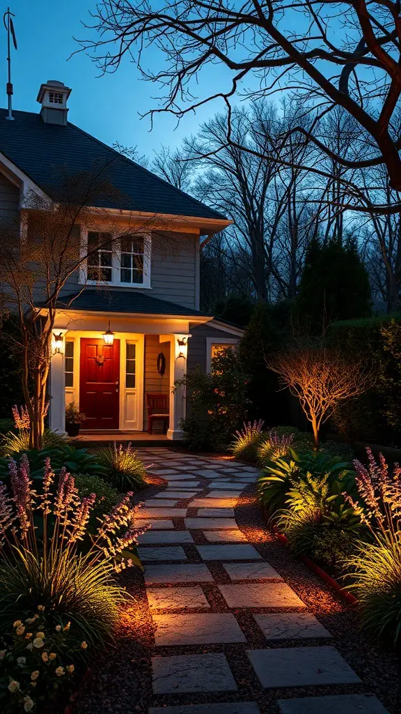 A beautifully lit pathway leading to a home, surrounded by lush greenery and soft garden lights.