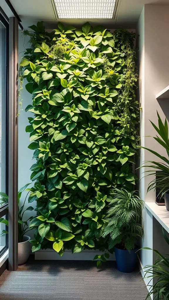 A lush vertical garden filled with various green plants in an indoor setting.