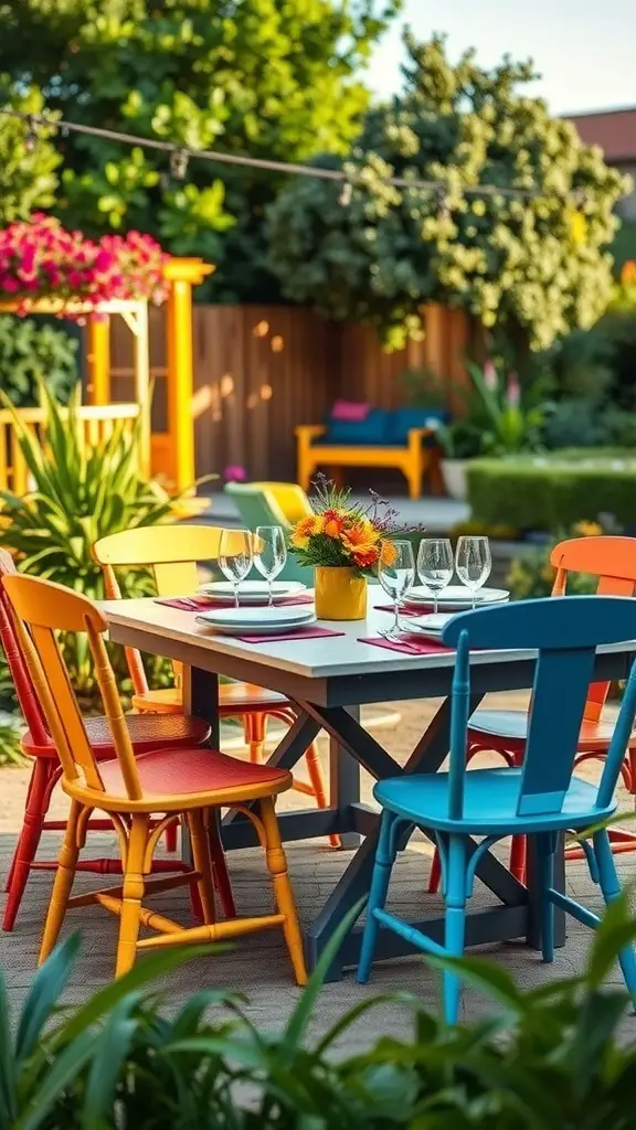 A colorful outdoor dining setup with a table and vibrant chairs in blue, yellow, and orange, surrounded by greenery and flowers.