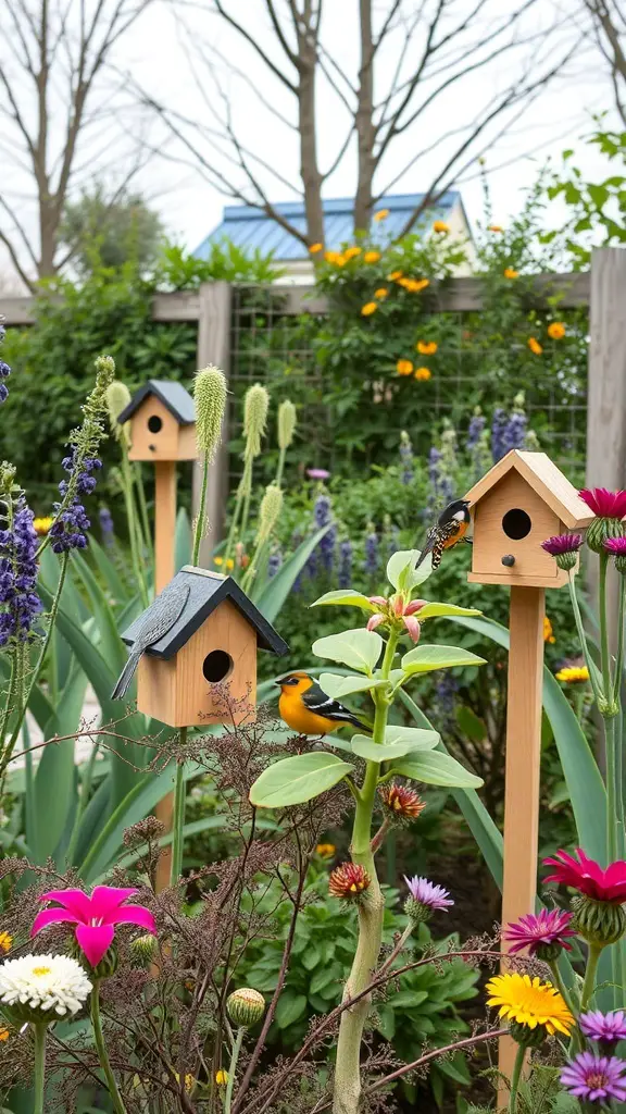 A colorful garden with birdhouses and flowers, showcasing a wildlife-friendly habitat.