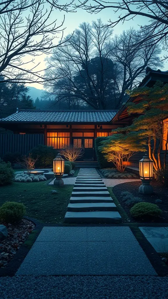 A serene zen garden illuminated by warm lanterns at dusk.