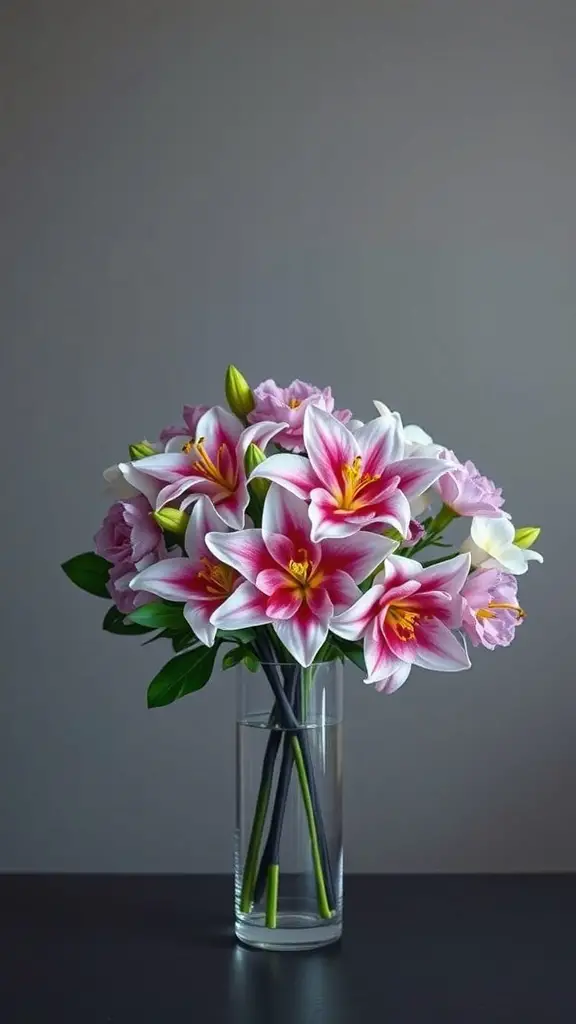 A bouquet of pink and white lilies with some orchids in a clear vase.