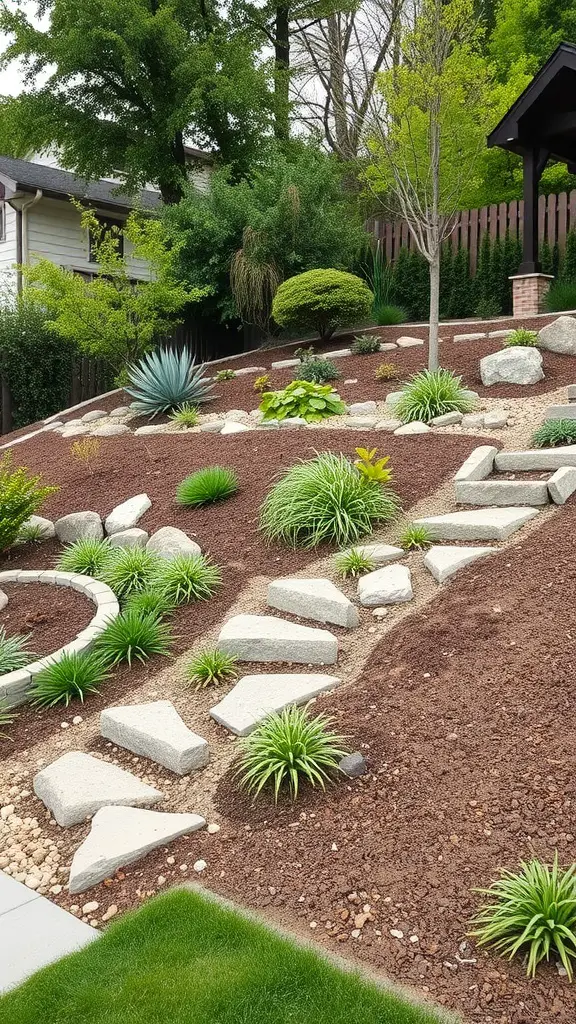 A landscaped sloped yard featuring stone pathways, native plants, and mulch.