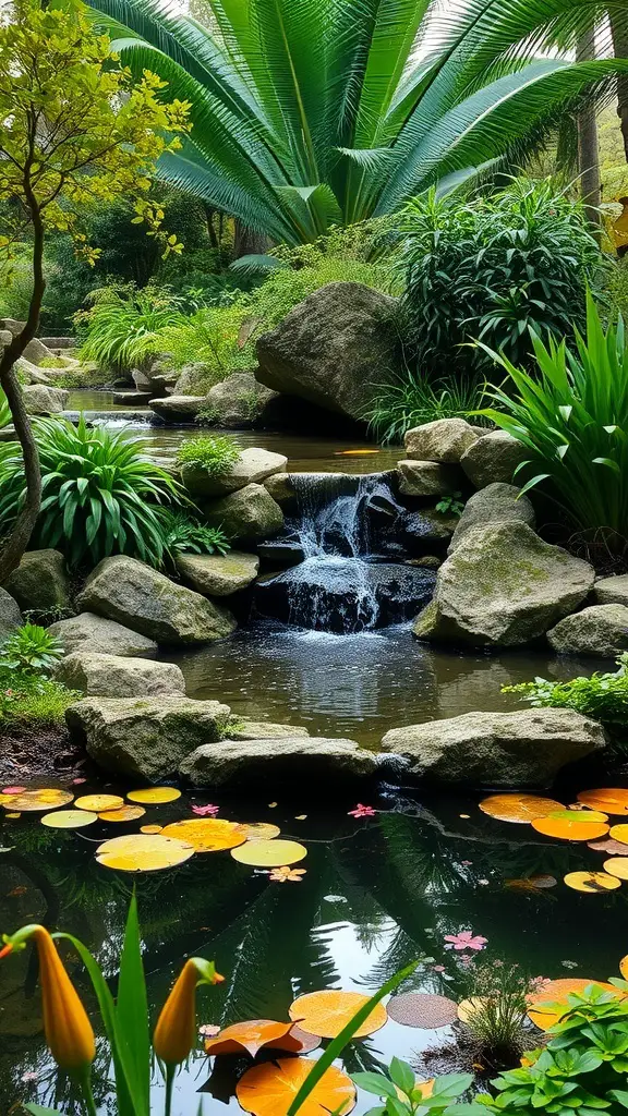A tranquil garden featuring a pond with lily pads and a small waterfall, surrounded by lush greenery and rocks.