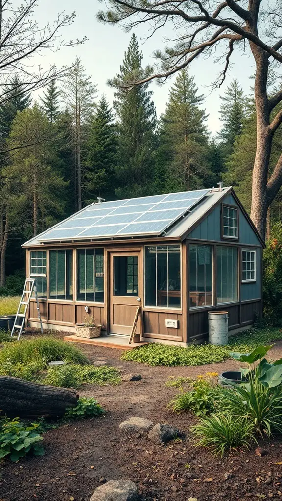 A charming off-grid greenhouse with solar panels, surrounded by greenery.
