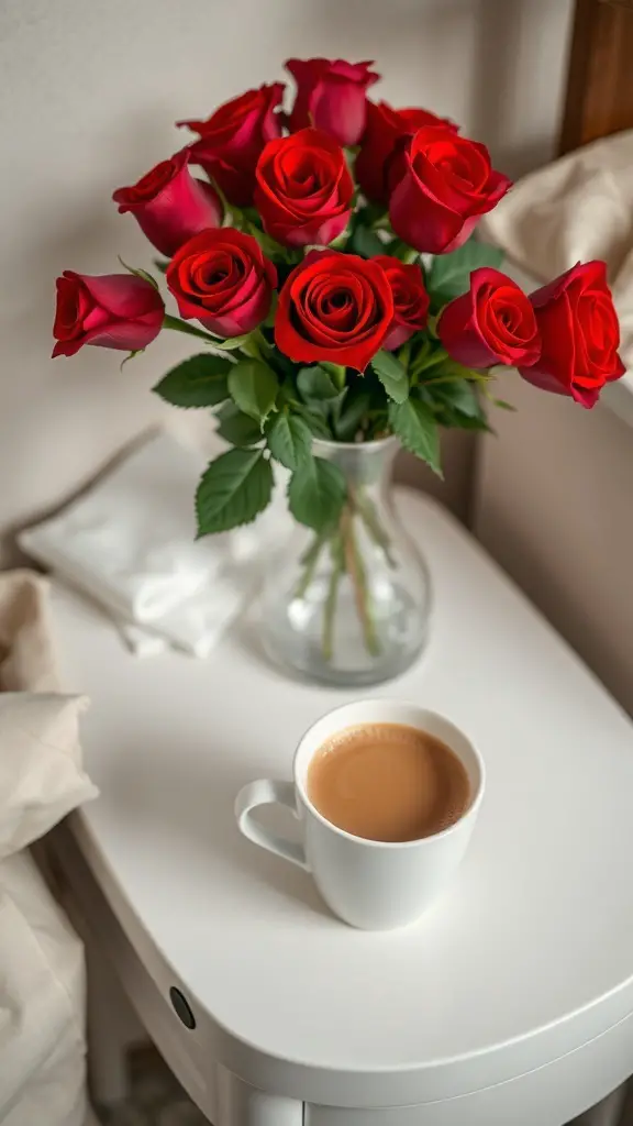 A bouquet of red roses in a vase next to a cup of tea on a bedside table.